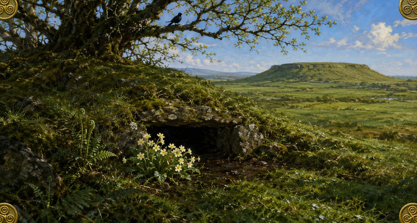 On a bright spring morning primroses bloom at the low stone mouth of a cave under a thorn in new leaf, a blackbird above, a flat-topped mound beyond.