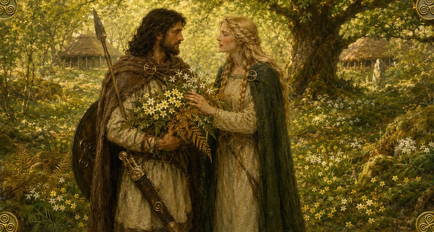 In a sunlit glade in the síd a fair-haired woman in green lays her hand on the primroses, wild garlic and golden fern in Nera's arms as they talk face to face.