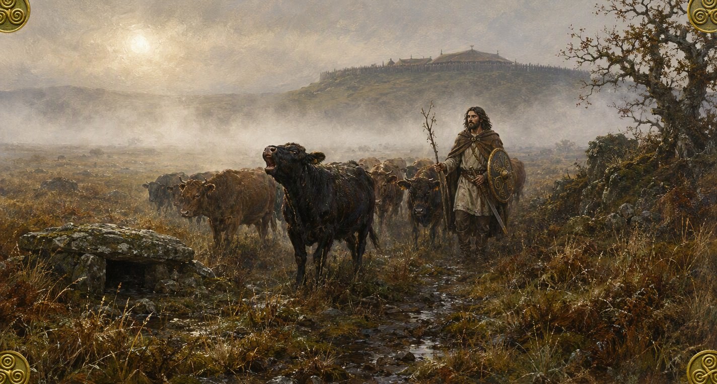 On a misty autumn morning a dark young bull calf stops and bellows at the head of a small herd, Nera walking beside them with a switch, a royal mound faint behind.