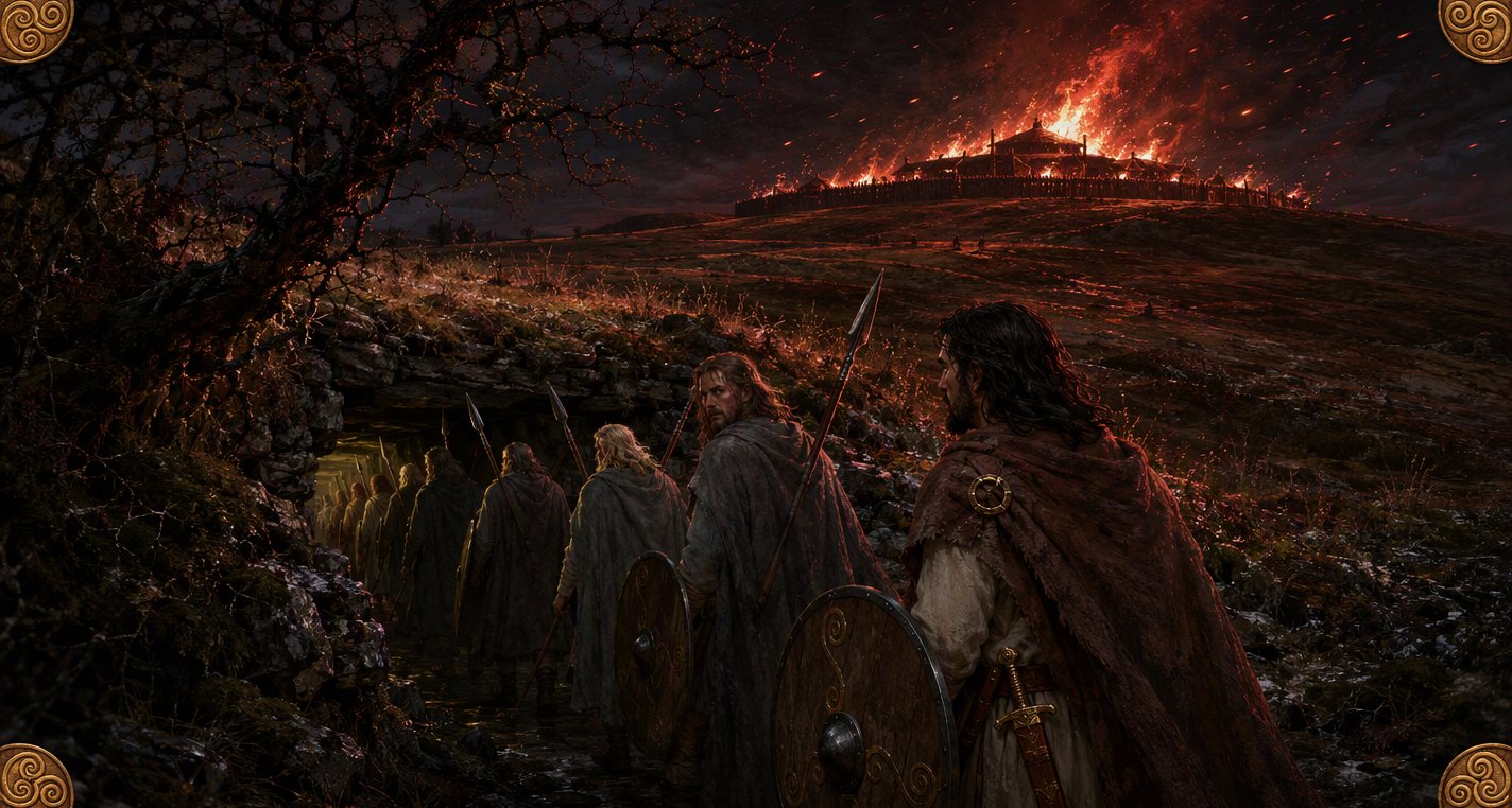By the red light of a burning fort on the plain, a file of grey-cloaked warriors with spears enters a low stone cave under a thorn tree, Nera close behind the last.