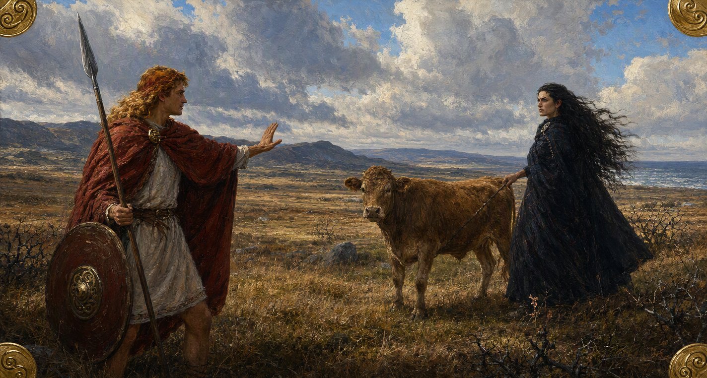 Under racing clouds on a windy plain young Cú Chulainn in a red cloak raises a hand to stop the black-haired Morrígan, a tawny cow between them.