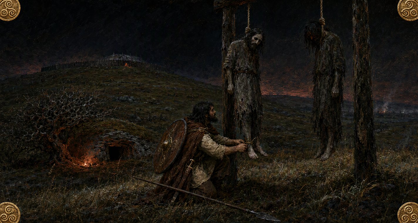 In black night below a palisaded mound Nera kneels at a gallows, binding a withe round a hanged man's ankle as the dead man's grey face looks down at him.