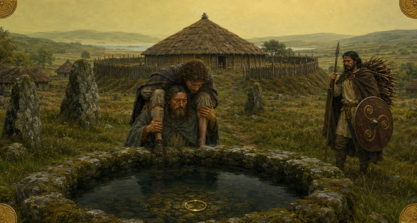 In a pale gold and green country a blind man with a lame man on his neck stands at a mossy well where a gold band gleams below; Nera waits with firewood and spear.