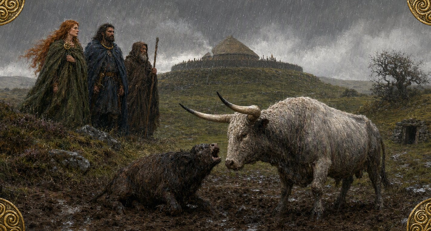 In driving rain a great white-horned bull stands over a beaten dark calf in the mud; Medb, Ailill and an old hooded cowherd watch from the slope above.