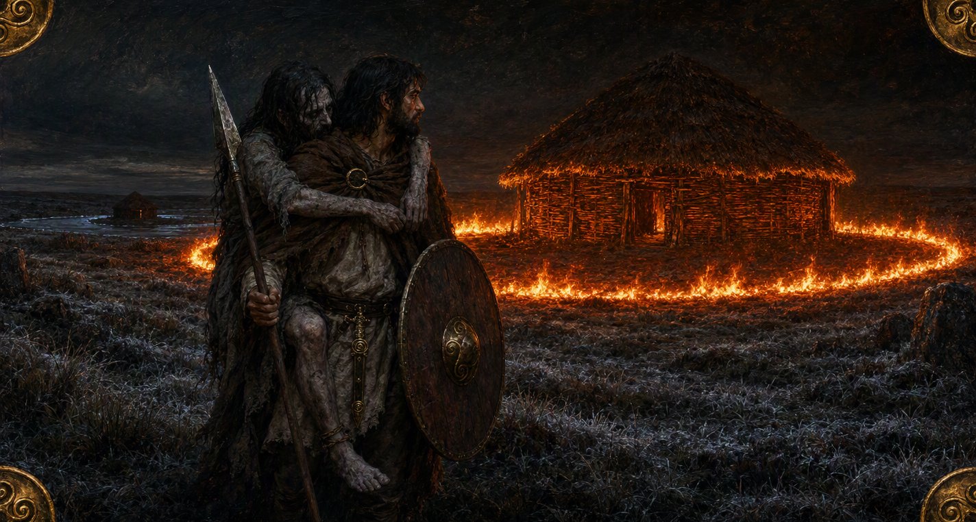 On a frosted plain at night Nera, the grey hanged man on his back, halts at a ring of fire round a lone thatched house; another house stands far off in water.