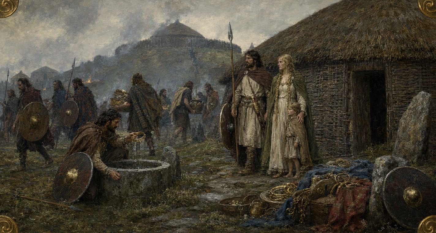In the plundered síd under grey smoke a warrior at a stone well lifts out a gold band, while Nera, the woman of the síd and their small son watch from their door.