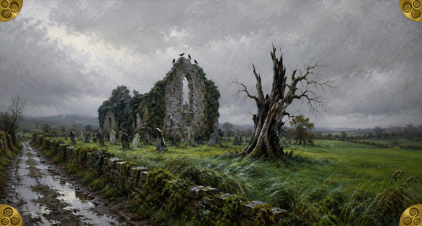 On a grey wet afternoon a roofless ivy-grown abbey with three rooks on its gable stands among leaning headstones beside a puddled lane and a lone lightning-split tree.