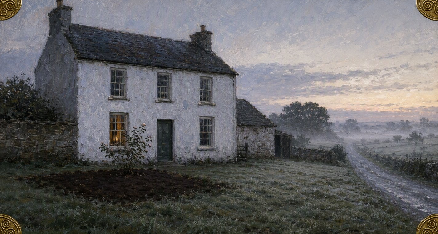 At first light in mist a candle still burns in the ground-floor window of a whitewashed house, with a rose-tree below it in a bed of smooth, freshly dug earth.