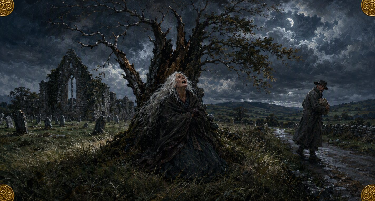 On a windy night by a ruined abbey the bean sí keens under a lightning-split tree, long white hair streaming, while the herdsman Kavanagh looks back from the road.