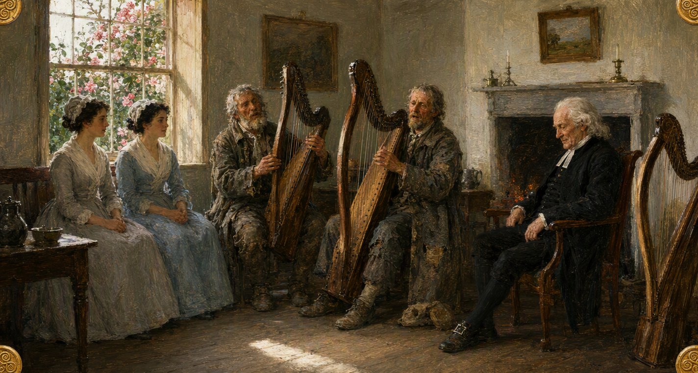 In a sunlit parlour two old harpers in patched grey coats play and sing for white-haired Mr Bunworth by the fire, his two daughters listening on a bench.