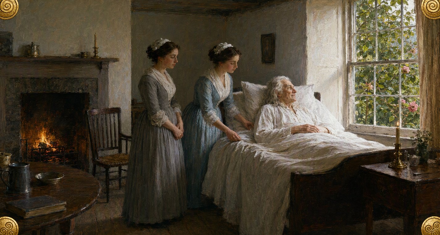 On a clear morning old Mr Bunworth lies propped on pillows in a bed by the parlour window, smiling at the rose-tree at the glass, his two daughters beside him.