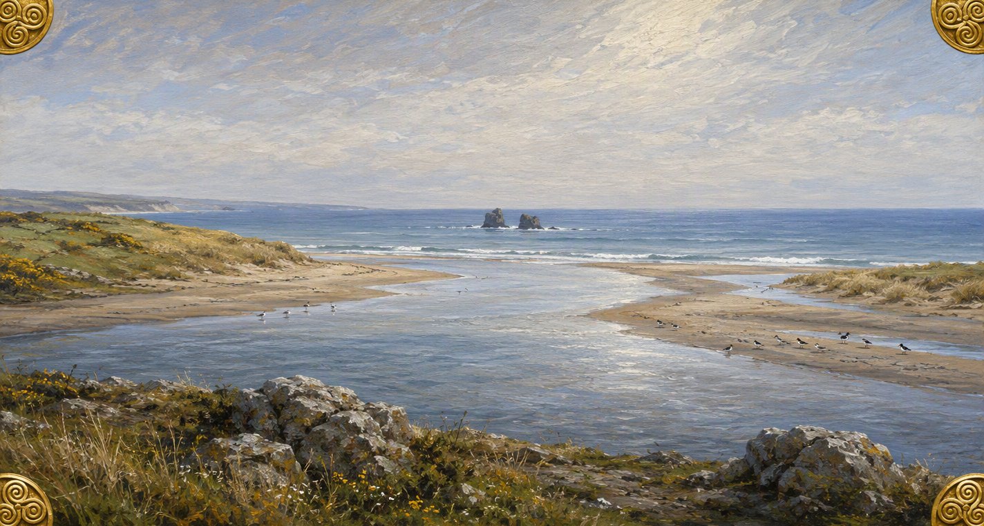 On a bright spring morning a broad river runs out between sandbanks and dunes into the sea, oystercatchers on the wet sand and two dark stones in the blue water.