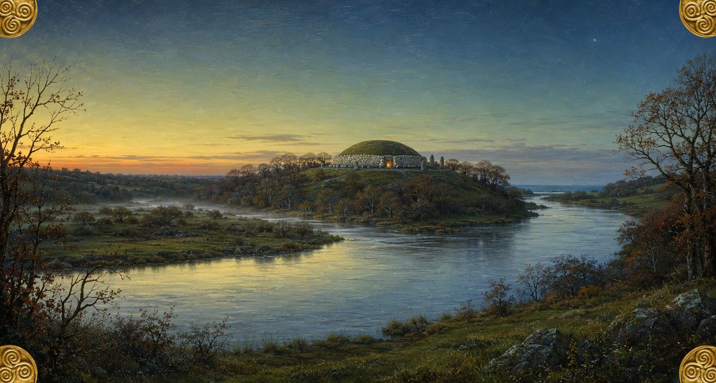 At dusk the Boyne runs quiet round a wide bend below a ridge where the white-fronted Brú mound glows at its door, with autumn oaks on the banks and the first star out.