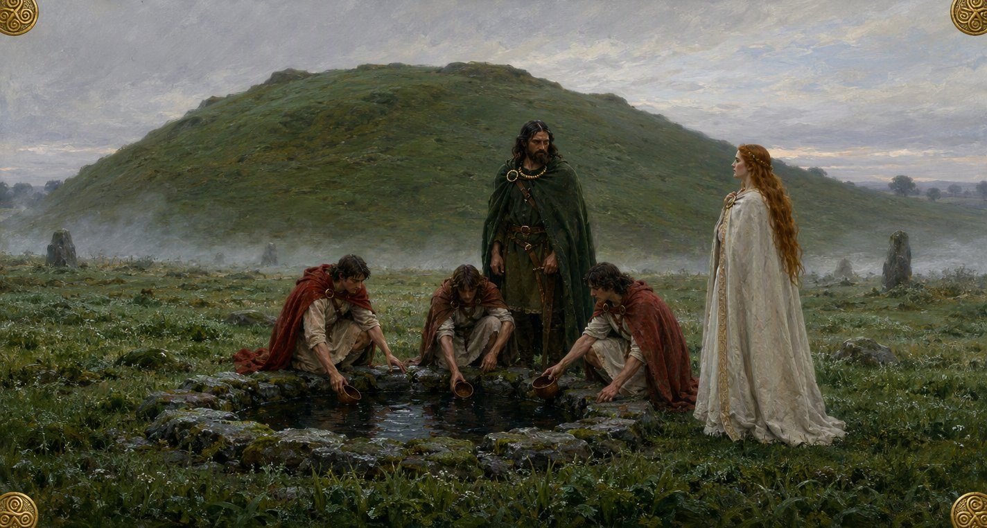 At first light on a misty green below a round hill, three cup-bearers in red cloaks dip wooden cups in a dark well beside Nechtan, as Boann in white stands apart.
