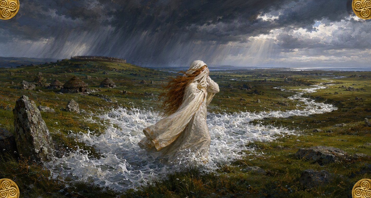 Under torn storm clouds and a squall of rain, Boann flees across a green plain in white, her cloak drawn over her face, a foaming white flood sweeping round her.