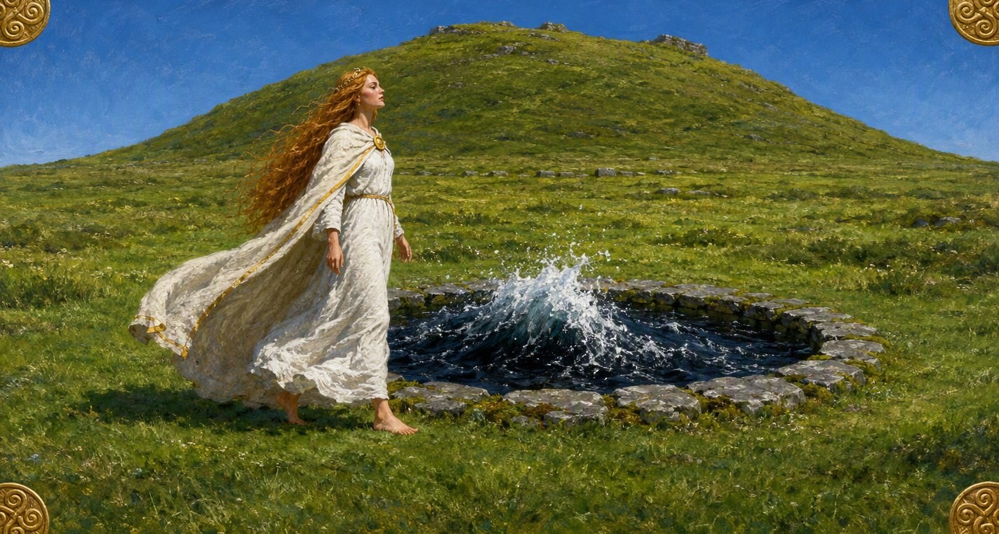 On a sunlit green below a round hill barefoot Boann in white, her red-gold hair streaming, walks round a stone-ringed well as its dark water heaves up in a white crest.