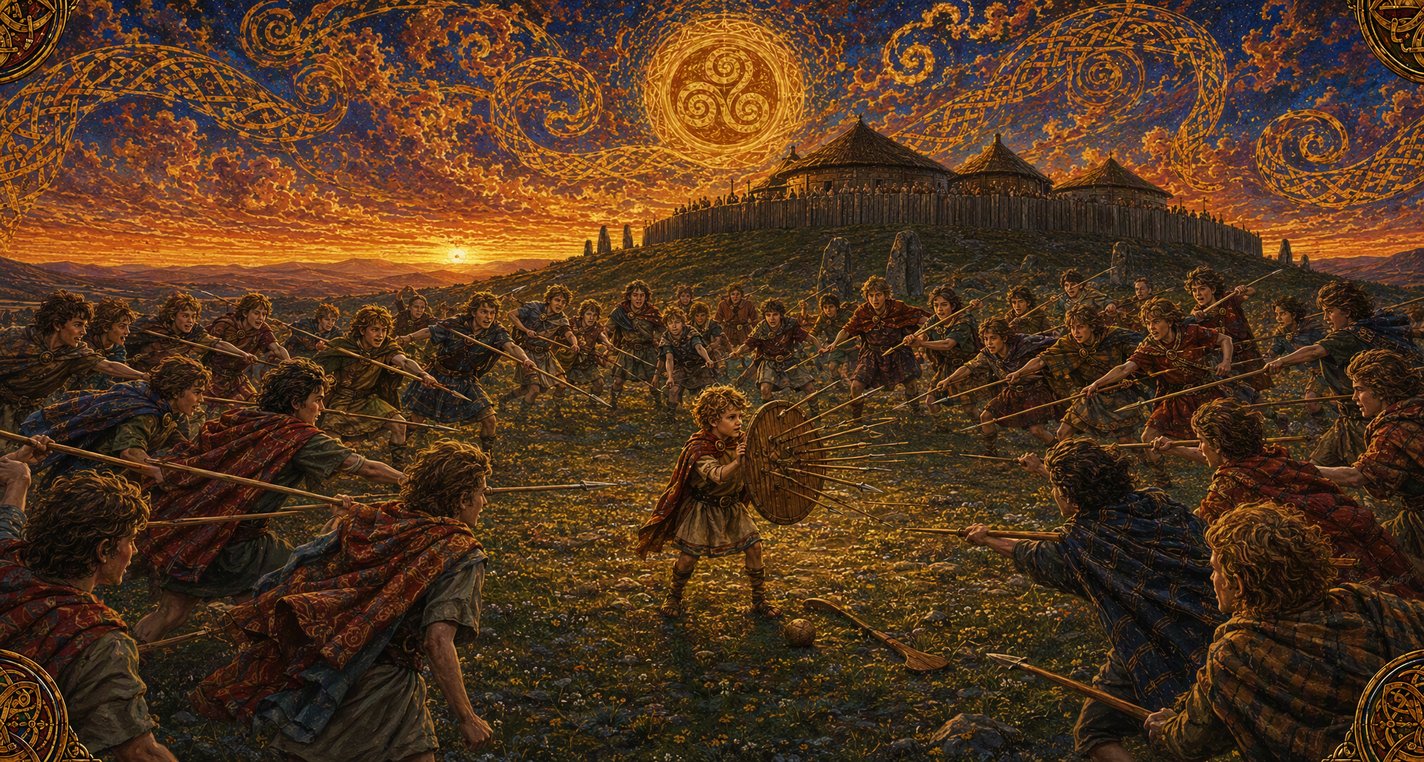 A small boy with a toy shield stands on the green below the ring-fort of Emain Macha while a crowd of boys hurls toy spears at him.