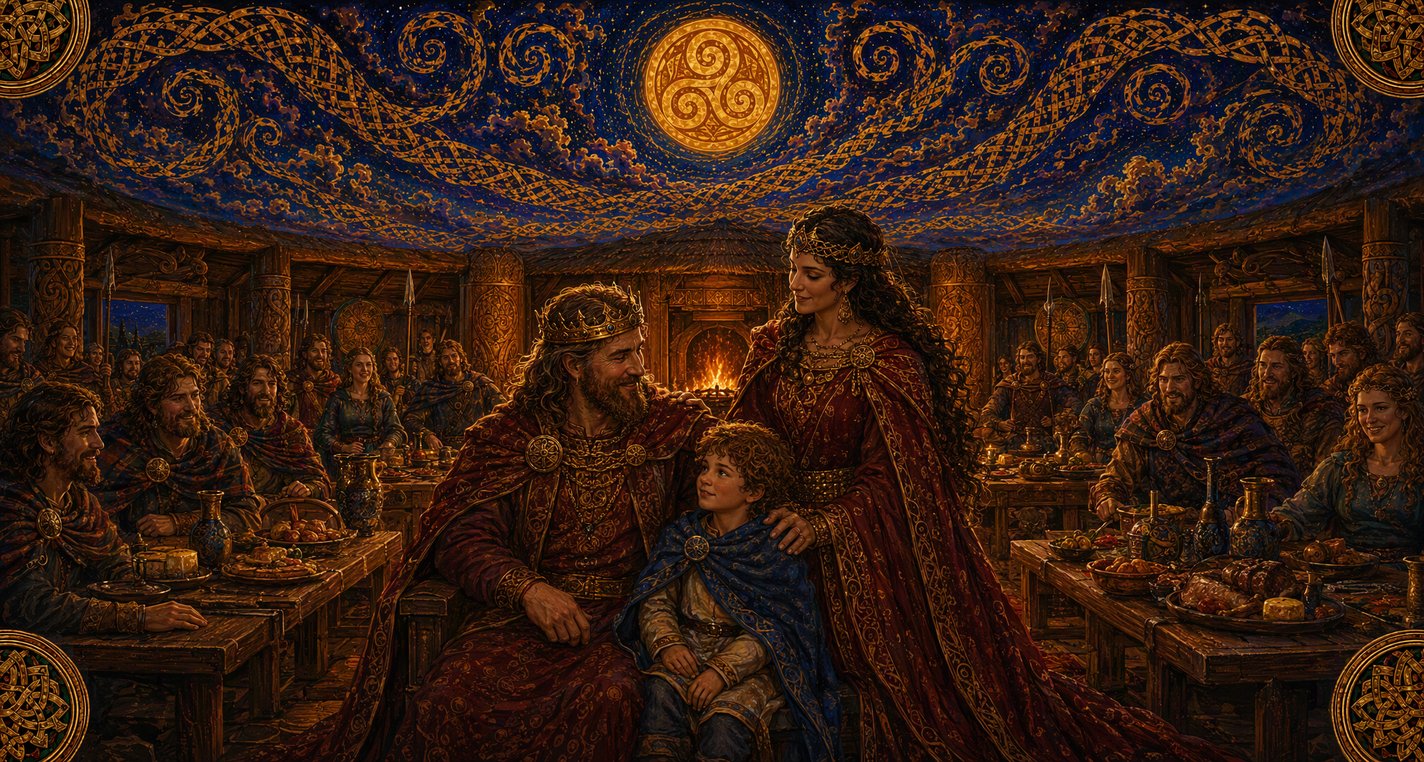In a great hall at night a small boy in a blue cloak with a silver brooch sits at the king's knee.