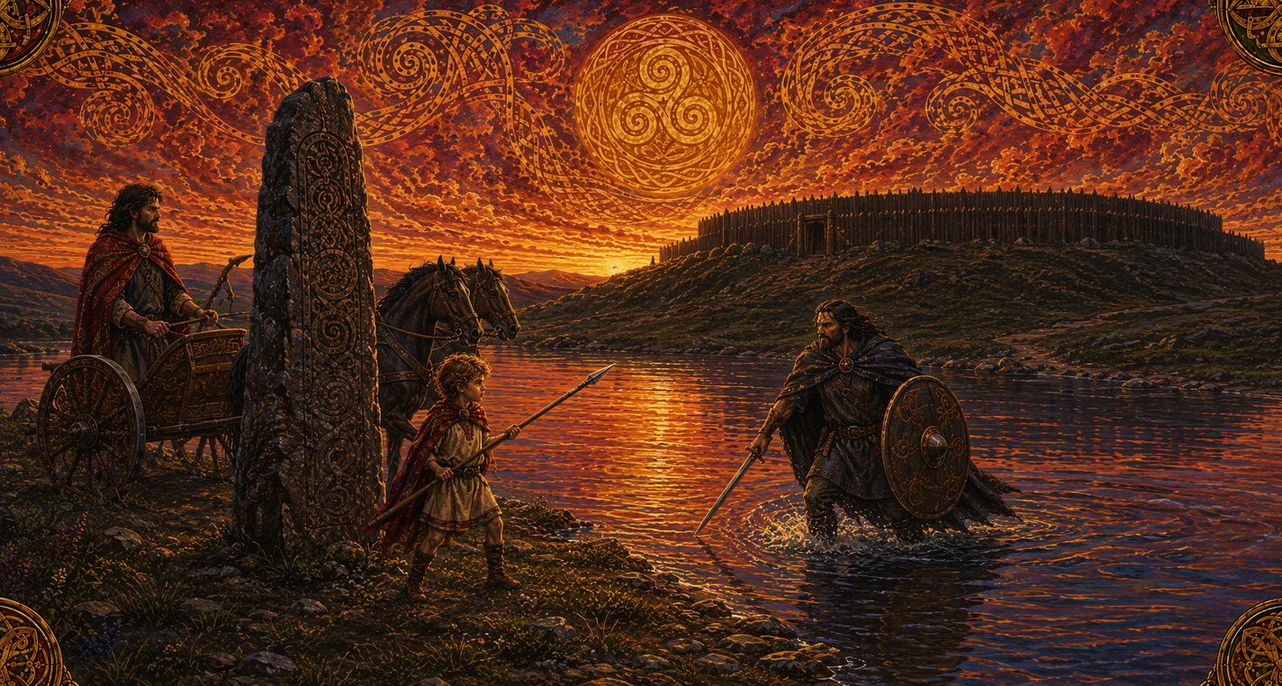 At dusk by a river ford below a dark fort, a small boy with a spear faces a tall warrior wading toward him.
