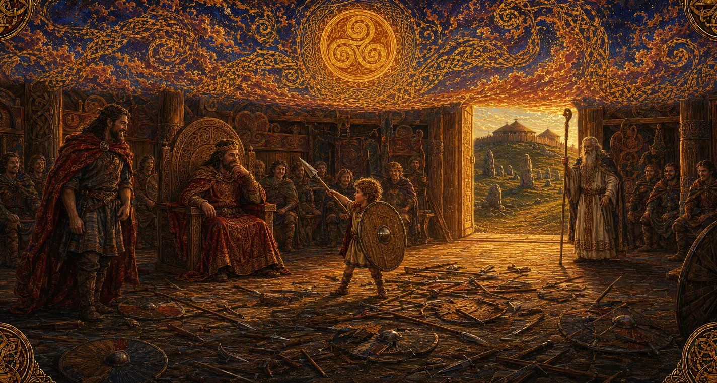 In the king's hall a small boy brandishes a spear and shield too big for him among broken weapons, as the king watches.