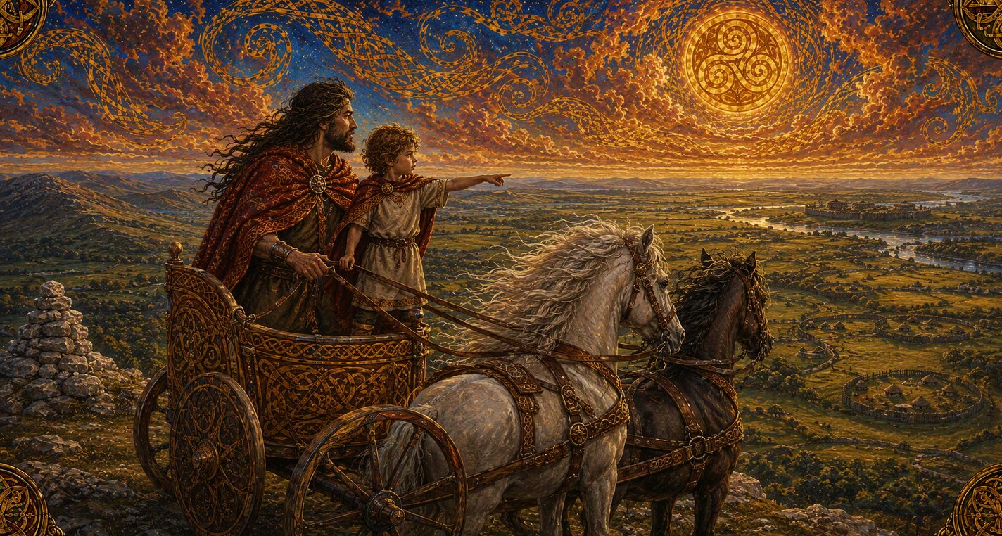 From a mountain top with a white cairn, a boy in a chariot looks out over a wide plain full of forts.