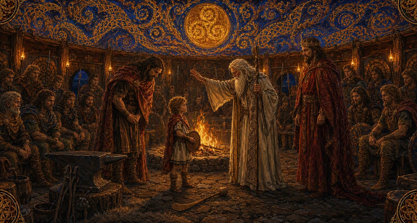 In a firelit hall a white-bearded druid names a small boy while a grieving smith bows his head.