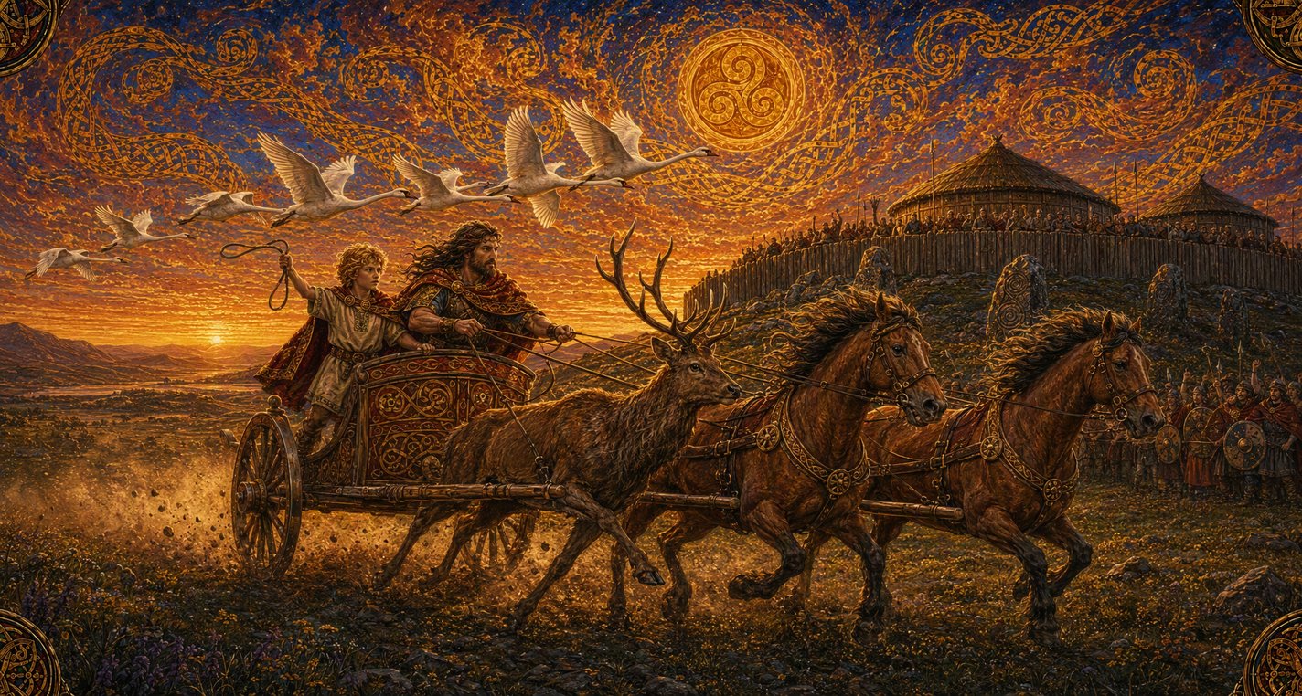 At sunset a chariot races toward the ring-fort of Emain Macha, a wild stag bound beside its horses and white swans flying overhead.
