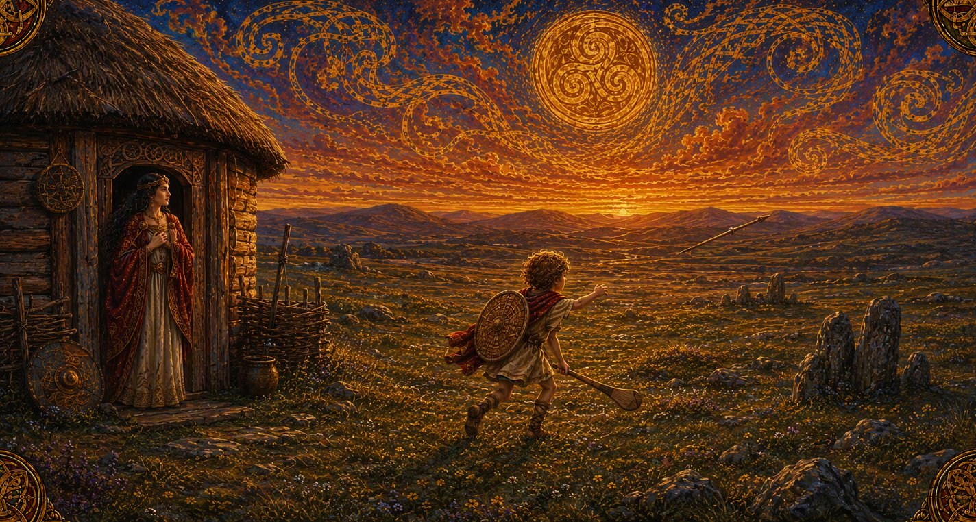 At dawn a small boy with a toy shield and a hurley sets off alone across a plain, his toy spear flying ahead of him, as his mother watches from her door.