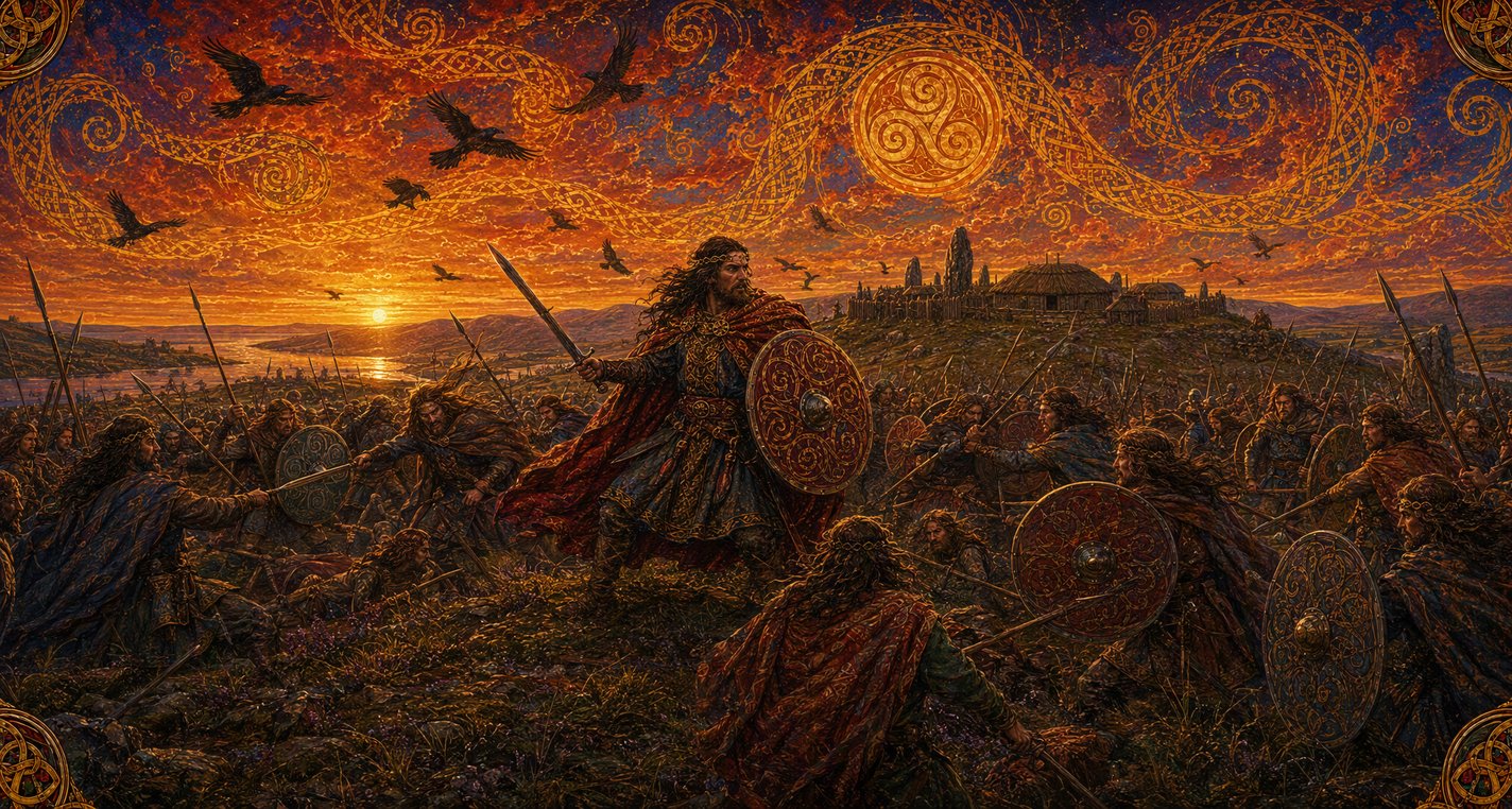 At sunset two war-bands meet in battle on a hill, spears raised, as ravens gather in the red sky.