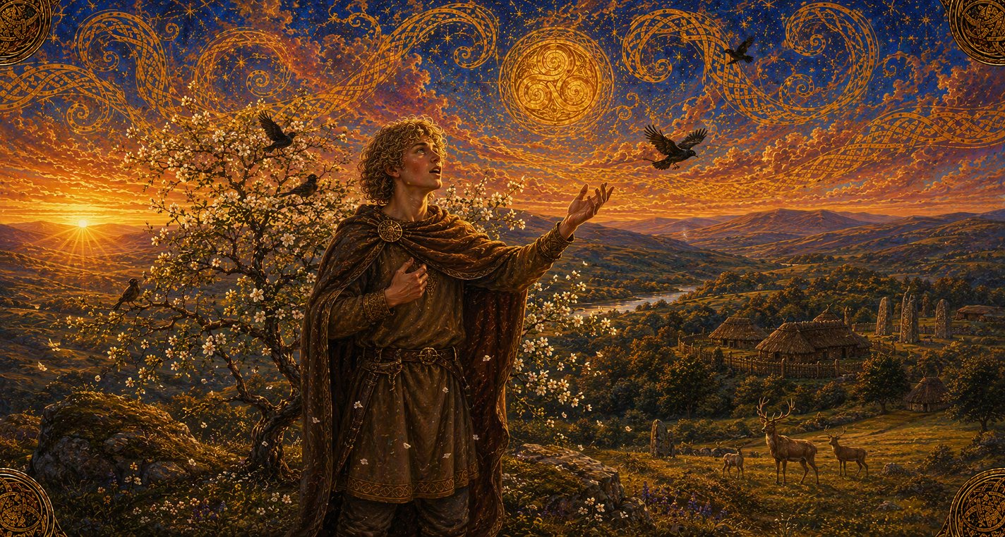 On a May morning a young poet sings on a hill beside a hawthorn in white bloom, blackbirds singing and deer at the wood's edge.
