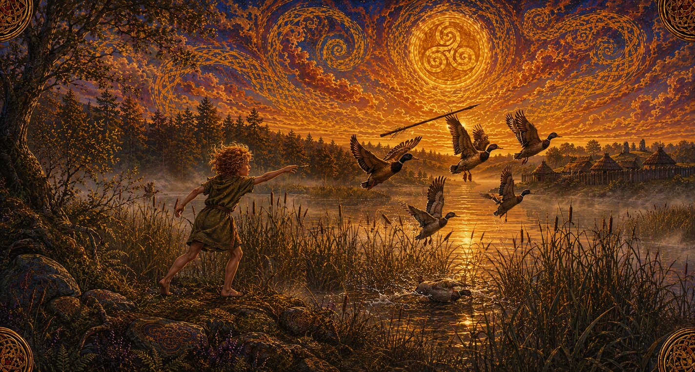 At dawn among the reeds of a lake a young boy flings a stick as a flock of wild ducks lifts off the water.