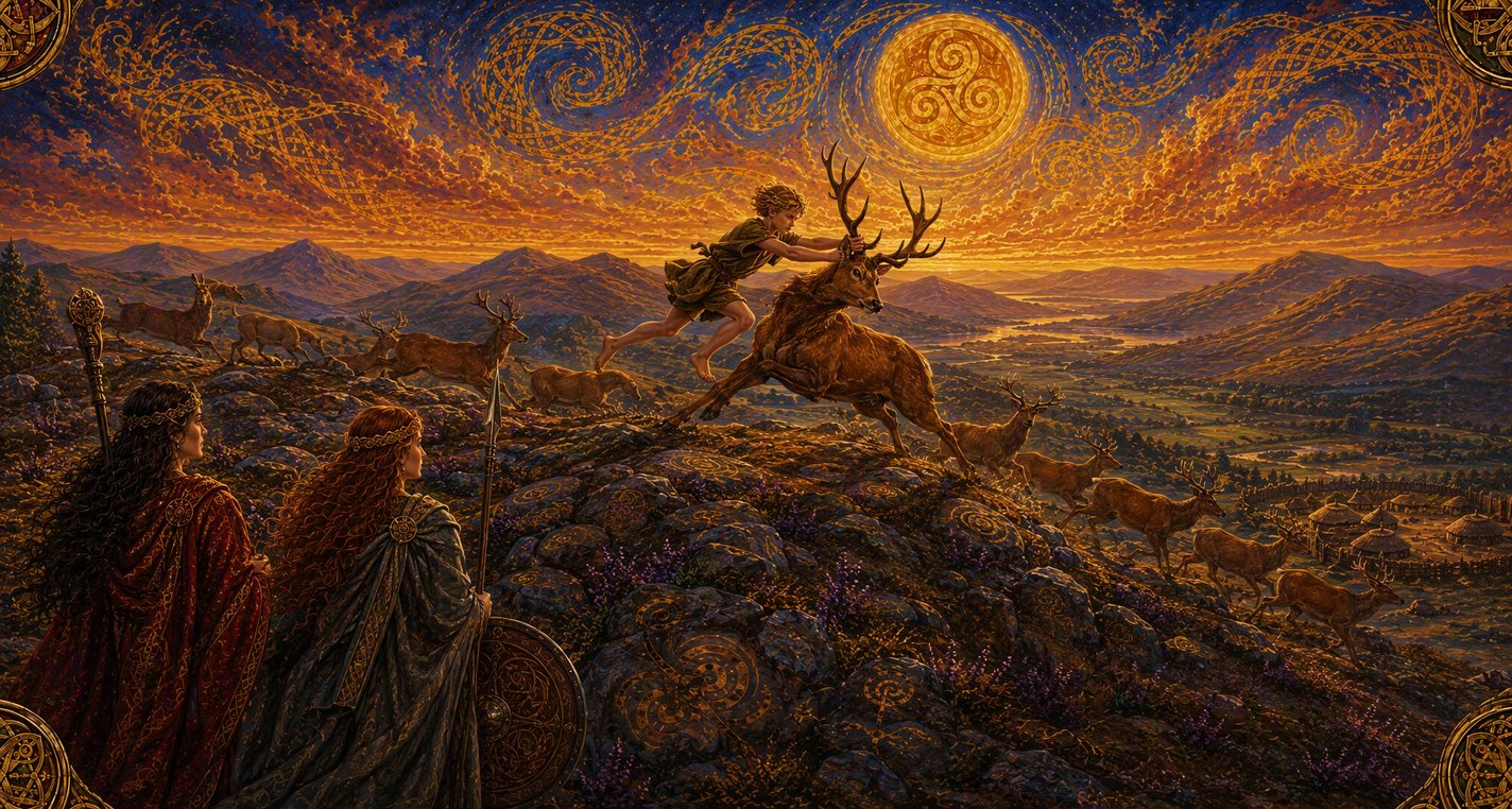 At evening a fair-haired boy runs down a herd of deer along a mountain ridge while two women watch from below.