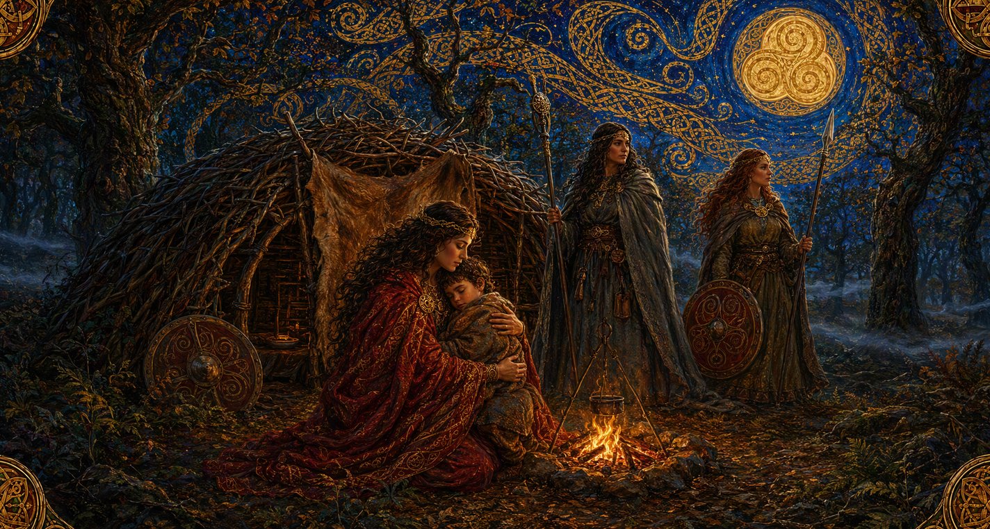 In a moonlit forest a young mother holds her sleeping son outside a hunting-booth while two warrior-women keep watch.