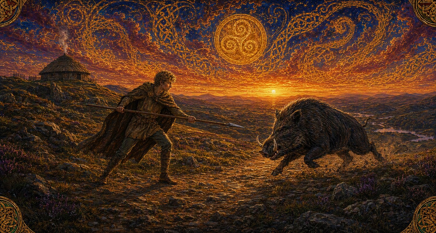 At dawn on a hill road a young man levels his spear at a huge bristling wild sow.