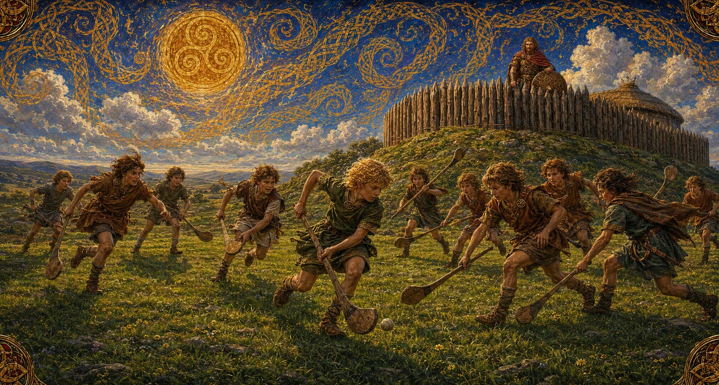 On a green below a ring-fort a fair-haired boy drives a hurling ball through a whole crowd of boys.
