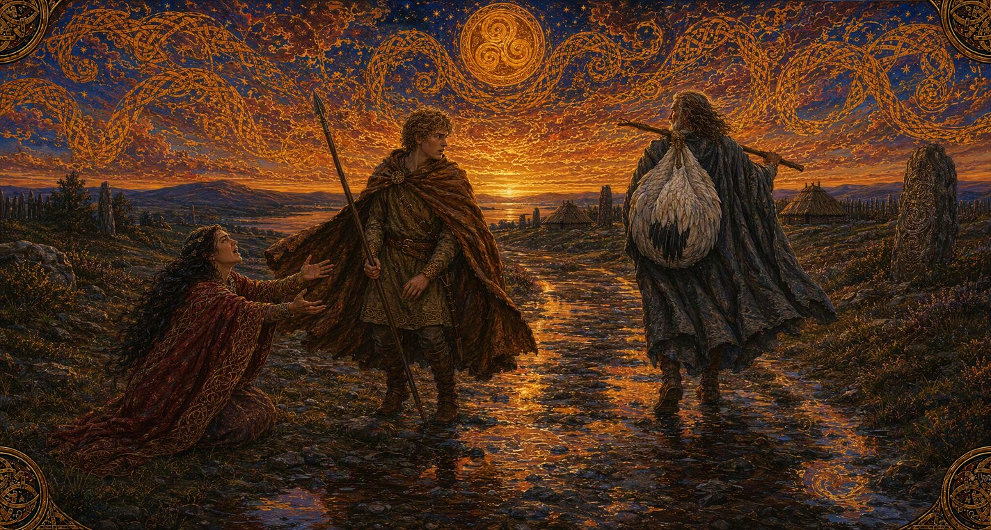 On a bog road at dusk a woman keens by the wayside as a young man with a spear turns, and a tall grey warrior walks away with a feathered bag on his shoulder.