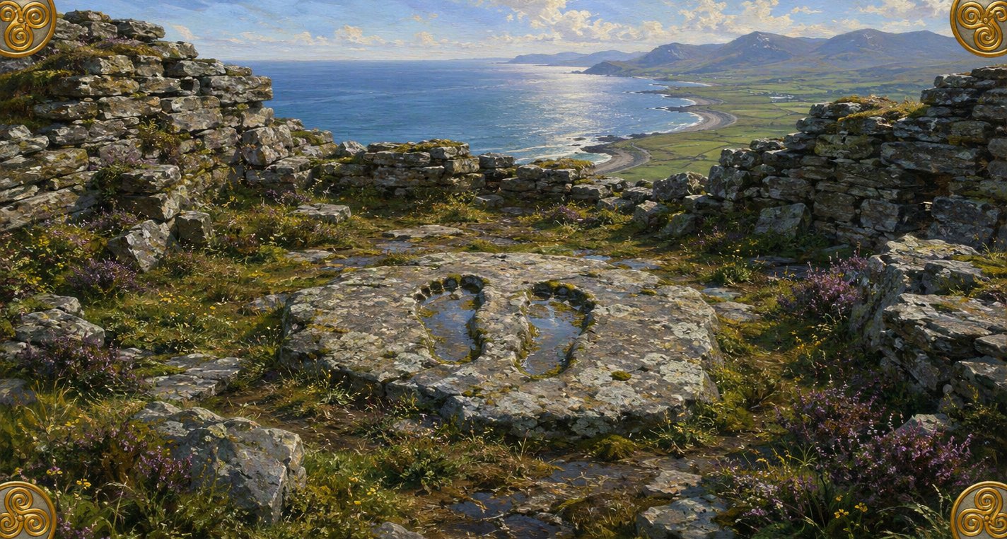 Rain-water shines in two bare footprints pressed side by side into a great lichen-grey flagstone in a ruined hill-fort, with a bright bay and strand far below.