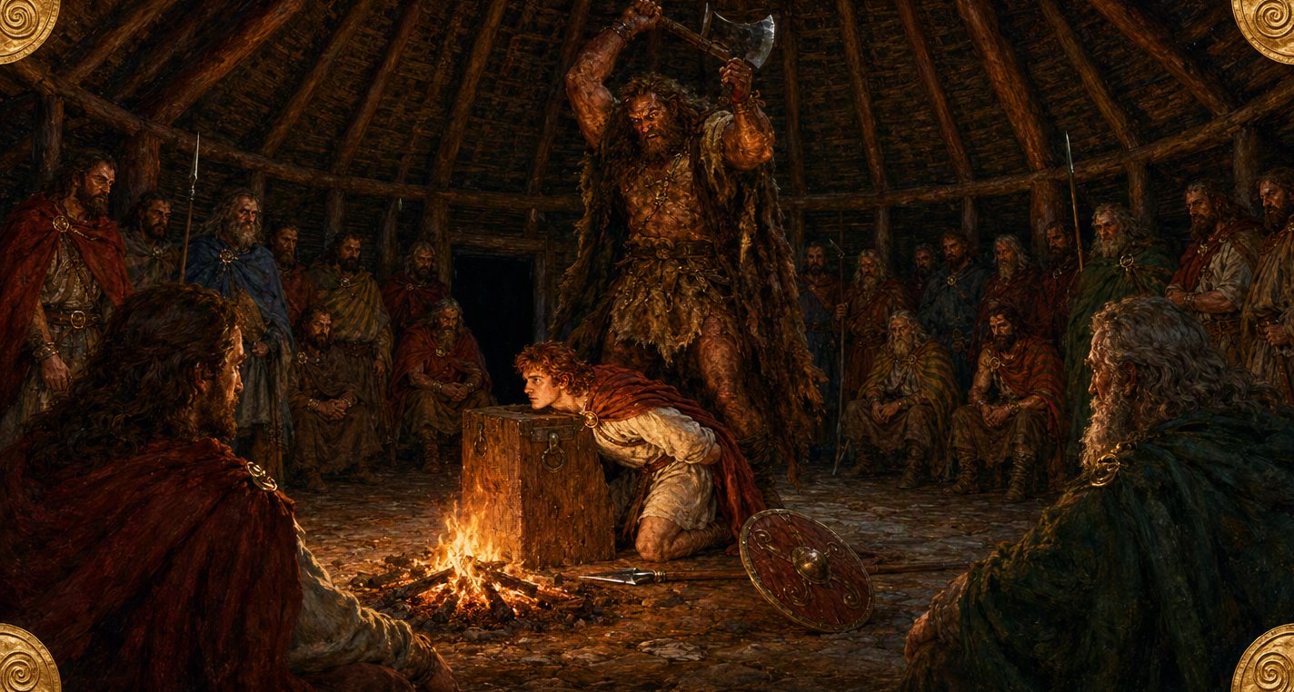 In the firelit hall Cú Chulainn kneels with his neck across a great wooden block as the towering churl raises his axe over him and Ulster's nobles watch in silence.