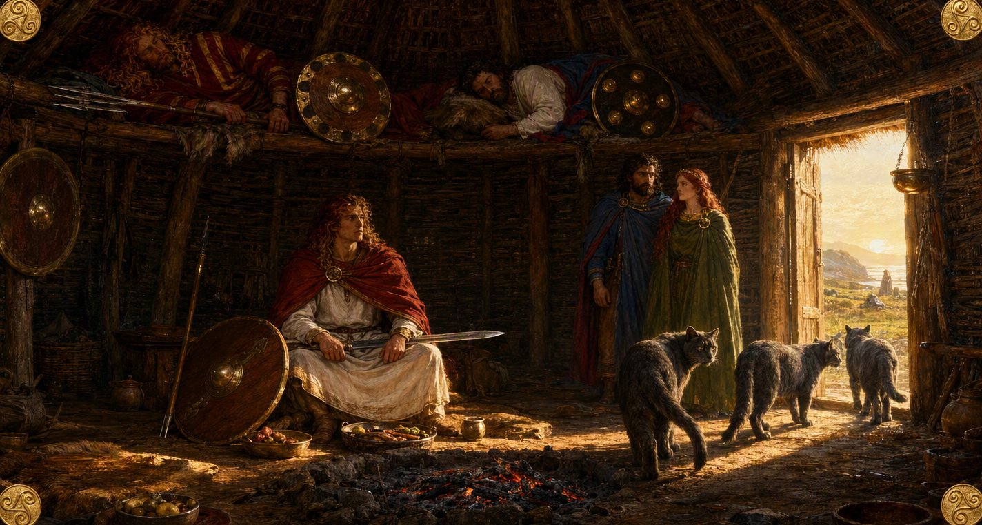At sunrise Cú Chulainn sits awake, sword across his knees, as three great grey cats slip out of the sunlit door past Medb and Ailill; two champions sleep in the rafters.