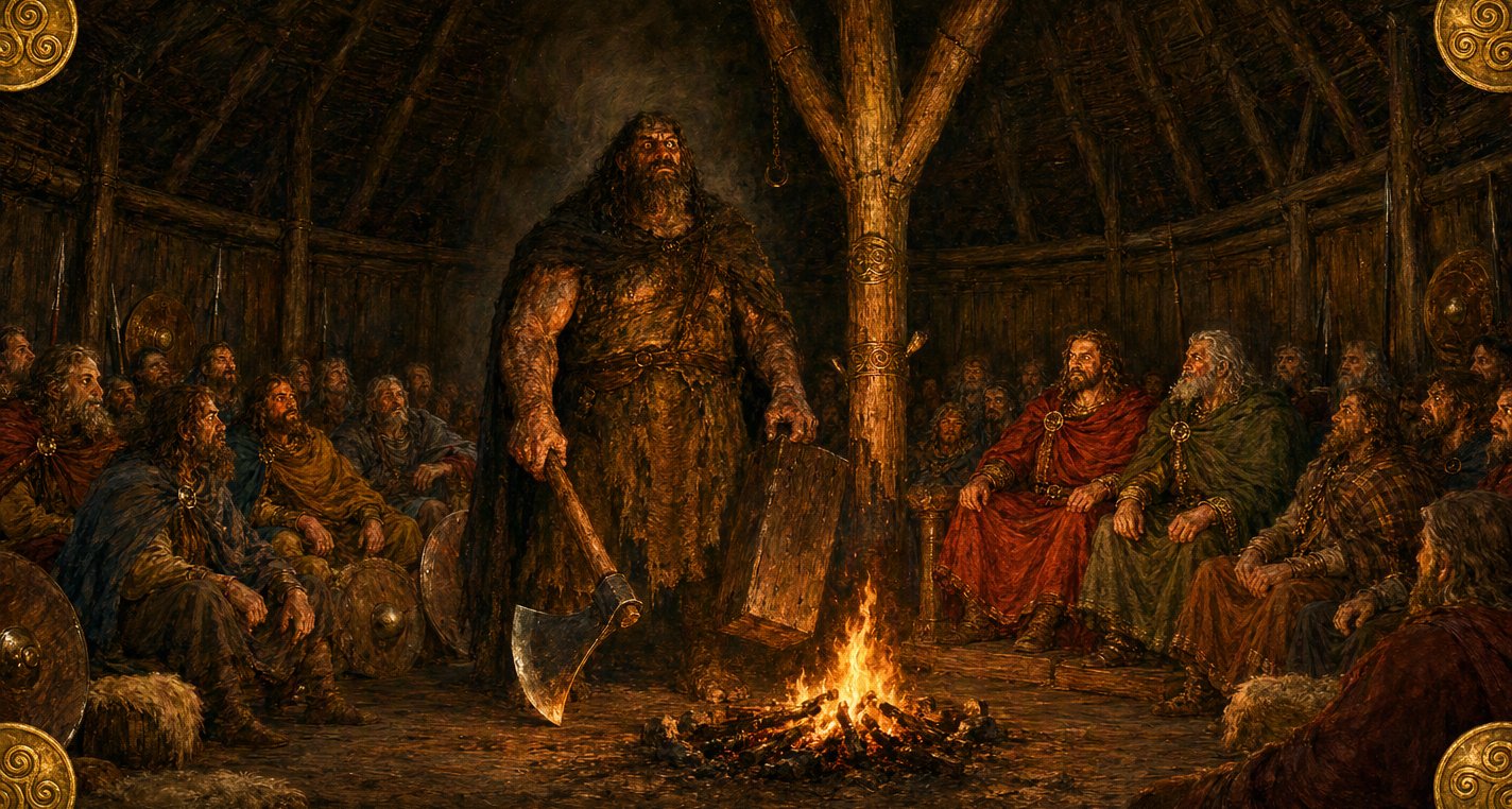 In the firelit hall of the Red Branch a huge, shaggy churl with a great axe and a wooden block stands by the fork-beam while Conchobar, Fergus and the nobles stare up.