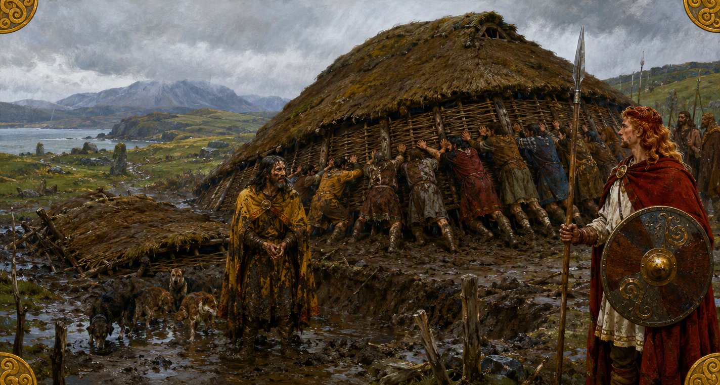 In wet grey light Bricriu, muddy and wringing his hands, stands by his sunken, crooked hall as Ulster's champions heave at its wall and Cú Chulainn looks on.