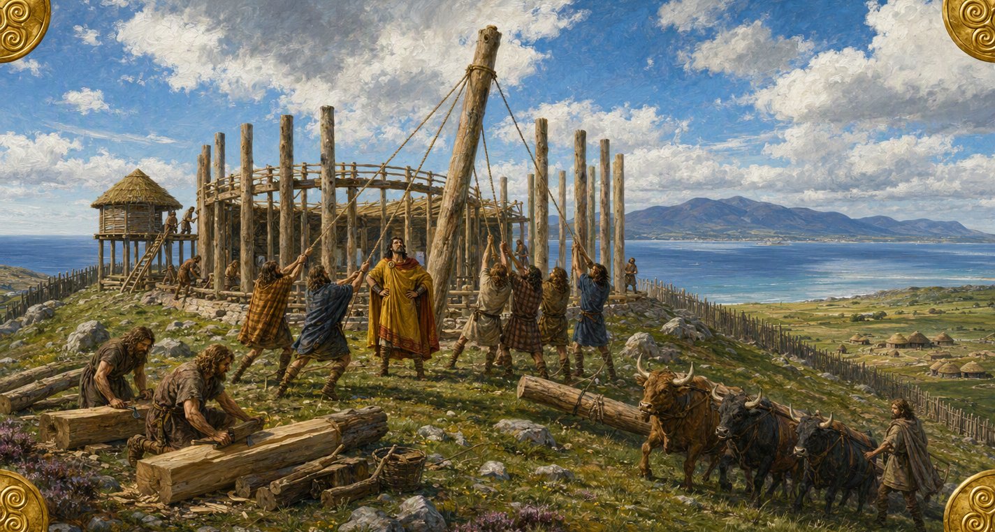 On a breezy hilltop above the bay, Bricriu in a yellow cloak stands with hands on hips as men haul a great timber post upright with ropes to raise his round hall.