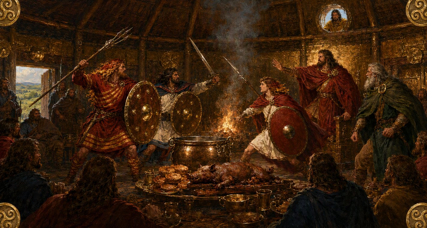 In Bricriu's firelit hall Lóegaire and Conall attack Cú Chulainn over a cauldron and roast boar while Conchobar parts them and Bricriu watches from a window.