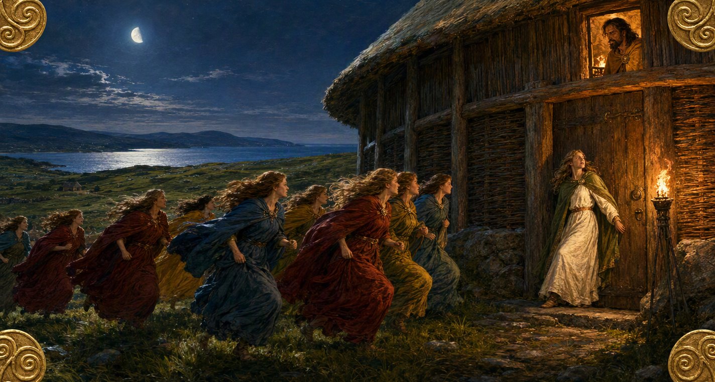 Under a half moon women in bright dresses race uphill to Bricriu's hall, where Emer stands breathless against the shut door by a torch as Bricriu watches from a window.