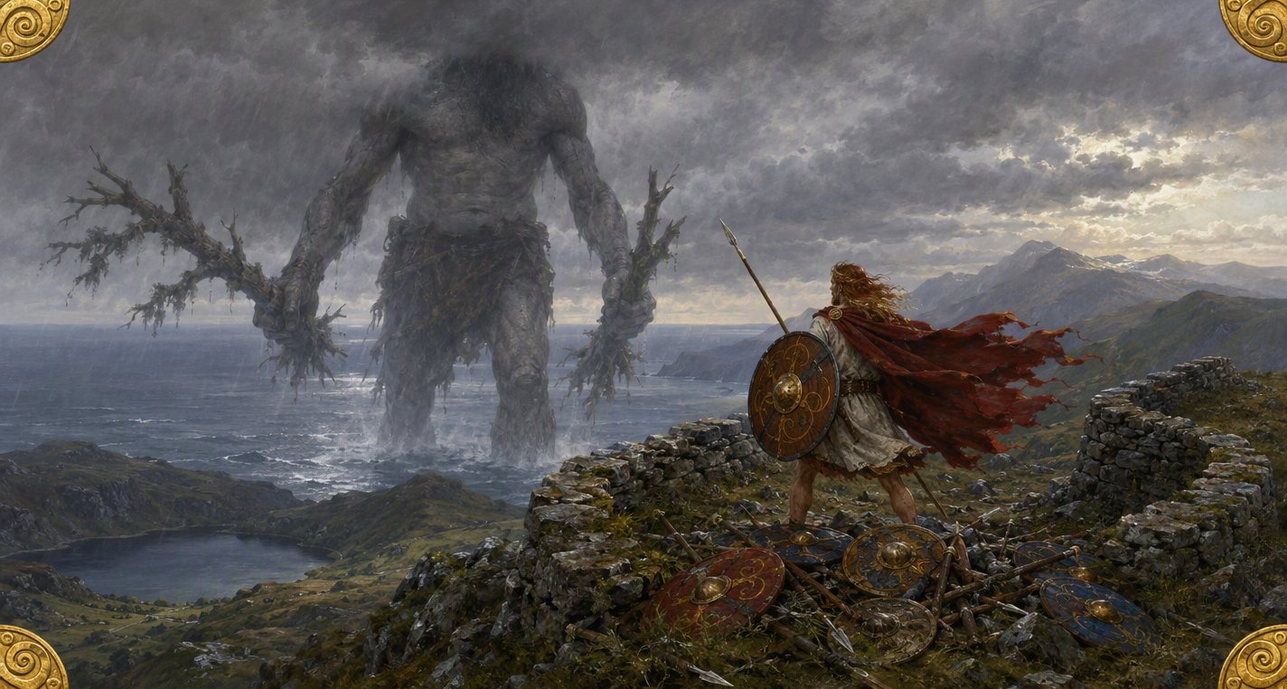 In a gale on a mountain spur Cú Chulainn, cloak streaming, faces a grey giant wading from the sea with stripped oaks in his hands, broken shields at his feet.