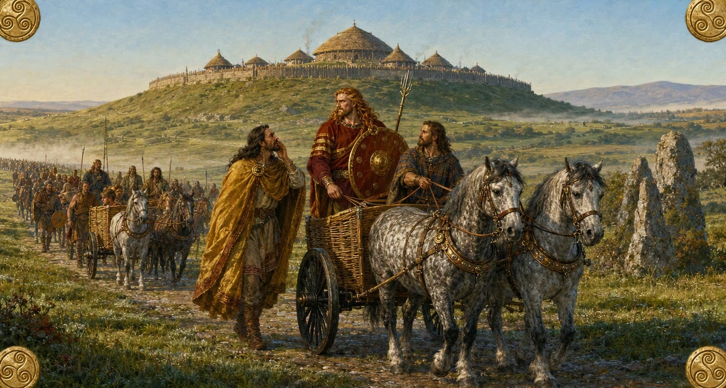 On a hazy summer morning Bricriu in a yellow cloak whispers behind his hand to Lóegaire in his wicker chariot with two grey horses, the Ulster host following.