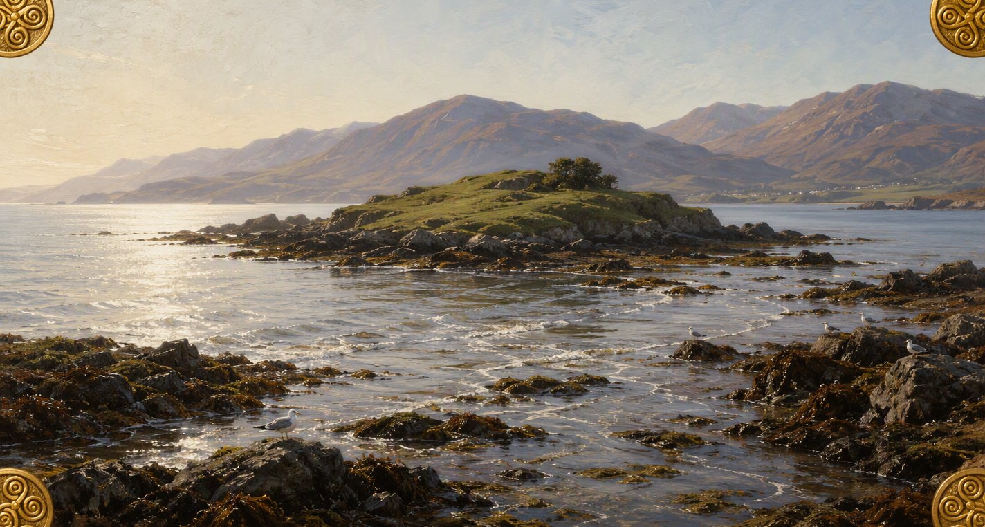 On a clear spring morning just after sunrise the flood runs back in thin bright sheets round a small green island off a rocky coast, gulls on the weedy rocks.