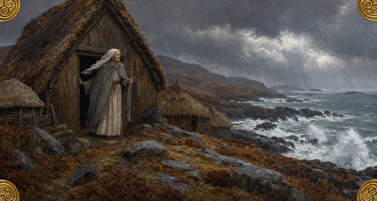 In a winter gale the Old Woman of Beare stands in the doorway of a small plank prayer-house above breaking waves, white veil blown back, a hand on the doorpost.