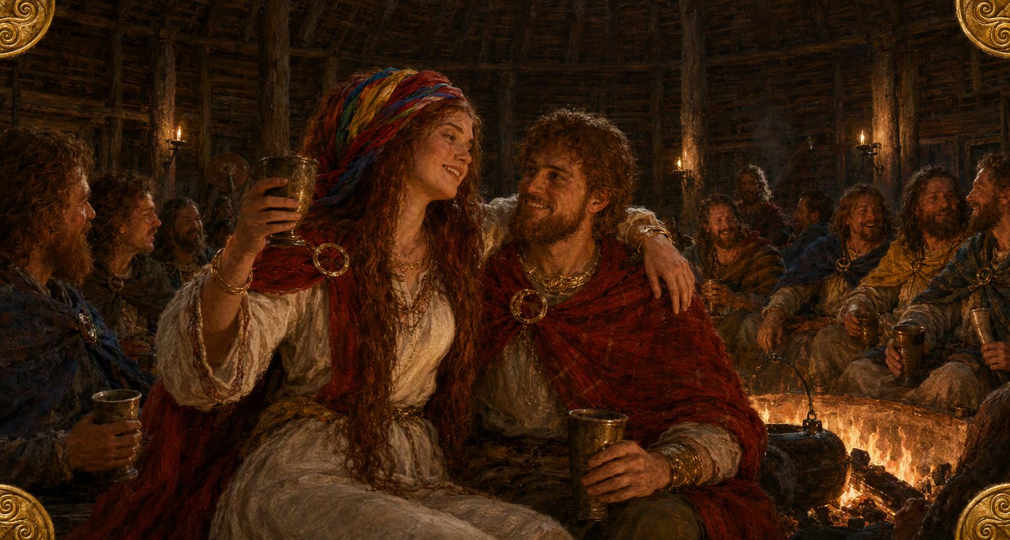 In a firelit round hall the Old Woman of Beare as a young woman, head bound in bright cloths, lifts a mead cup, an arm round a young king in red, kings laughing near.