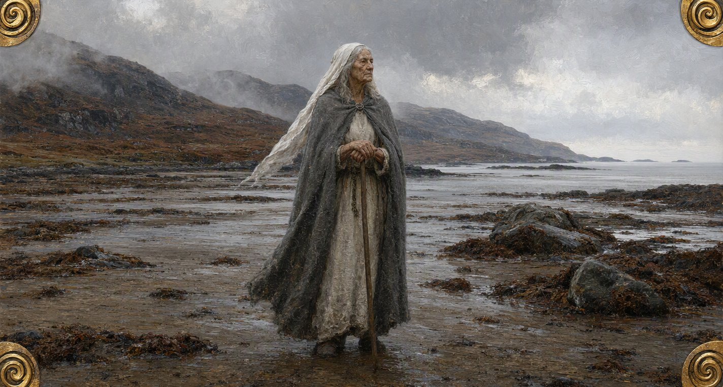On a wide grey shore at low water the Old Woman of Beare, gaunt in a white veil and grey cloak, leans on her staff and looks out to sea, misty mountains behind.